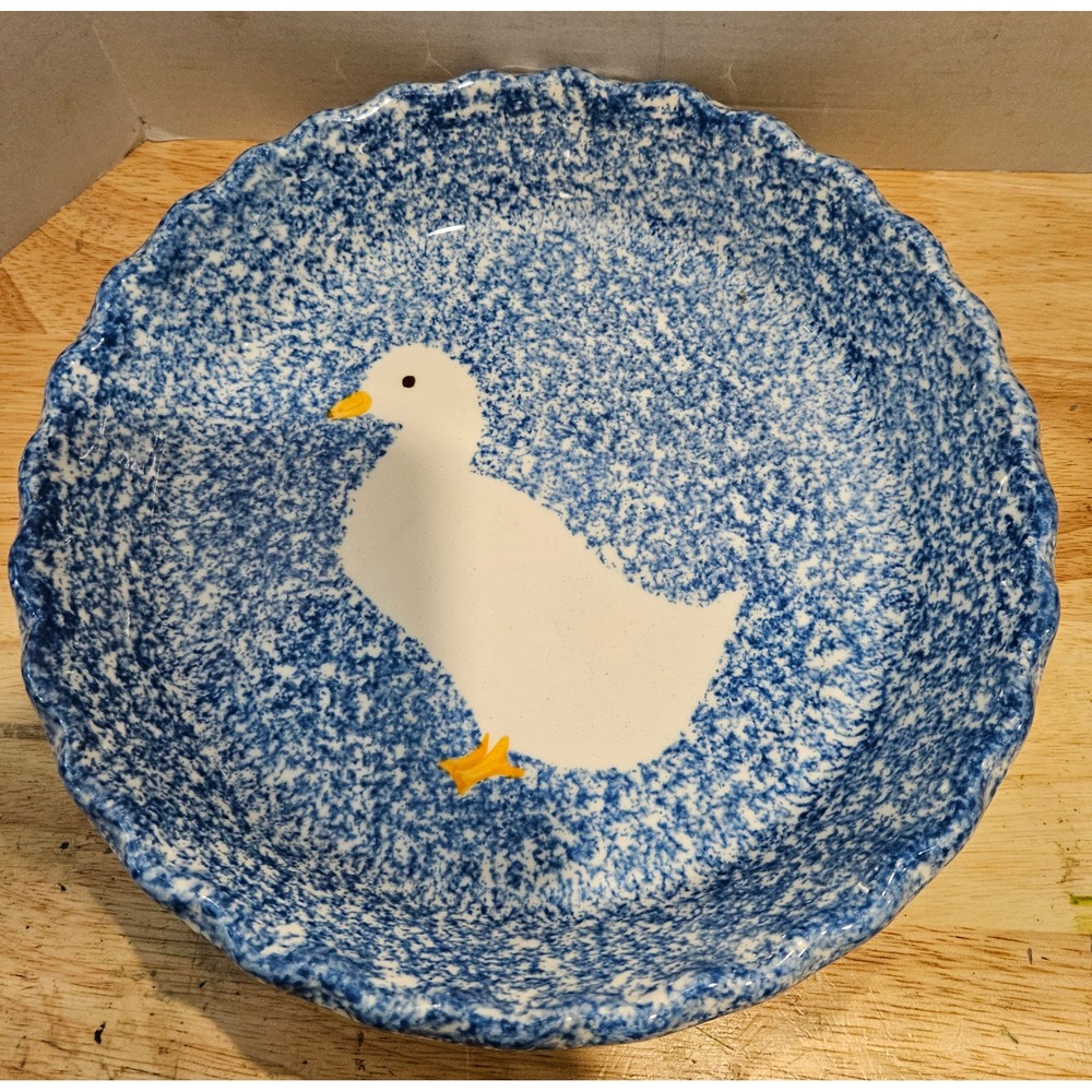 VTG 1971 Los Angeles Pottery Spongeware Pie Plate Goose Cottagecore Country 11" - Picture 2 of 7
